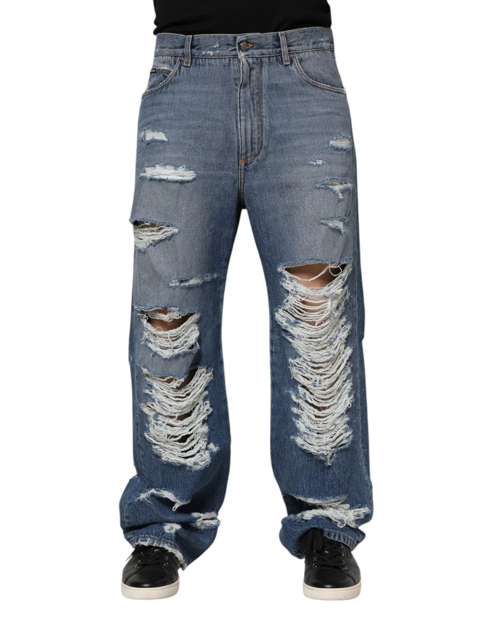 Dolce & Gabbana Blue Tattered Cotton Logo Plaque Denim Jeans - IT48 | M - Jeans