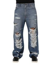 Dolce & Gabbana Blue Tattered Cotton Logo Plaque Denim Jeans - IT48 | M