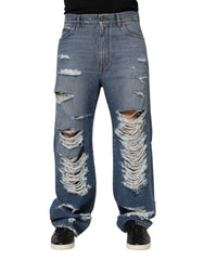 Dolce & Gabbana Blue Tattered Cotton Logo Plaque Denim Jeans - IT48 | M