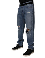Dolce & Gabbana Blue Tattered Cotton Straight Denim Jeans - IT56 | XXL - Jeans