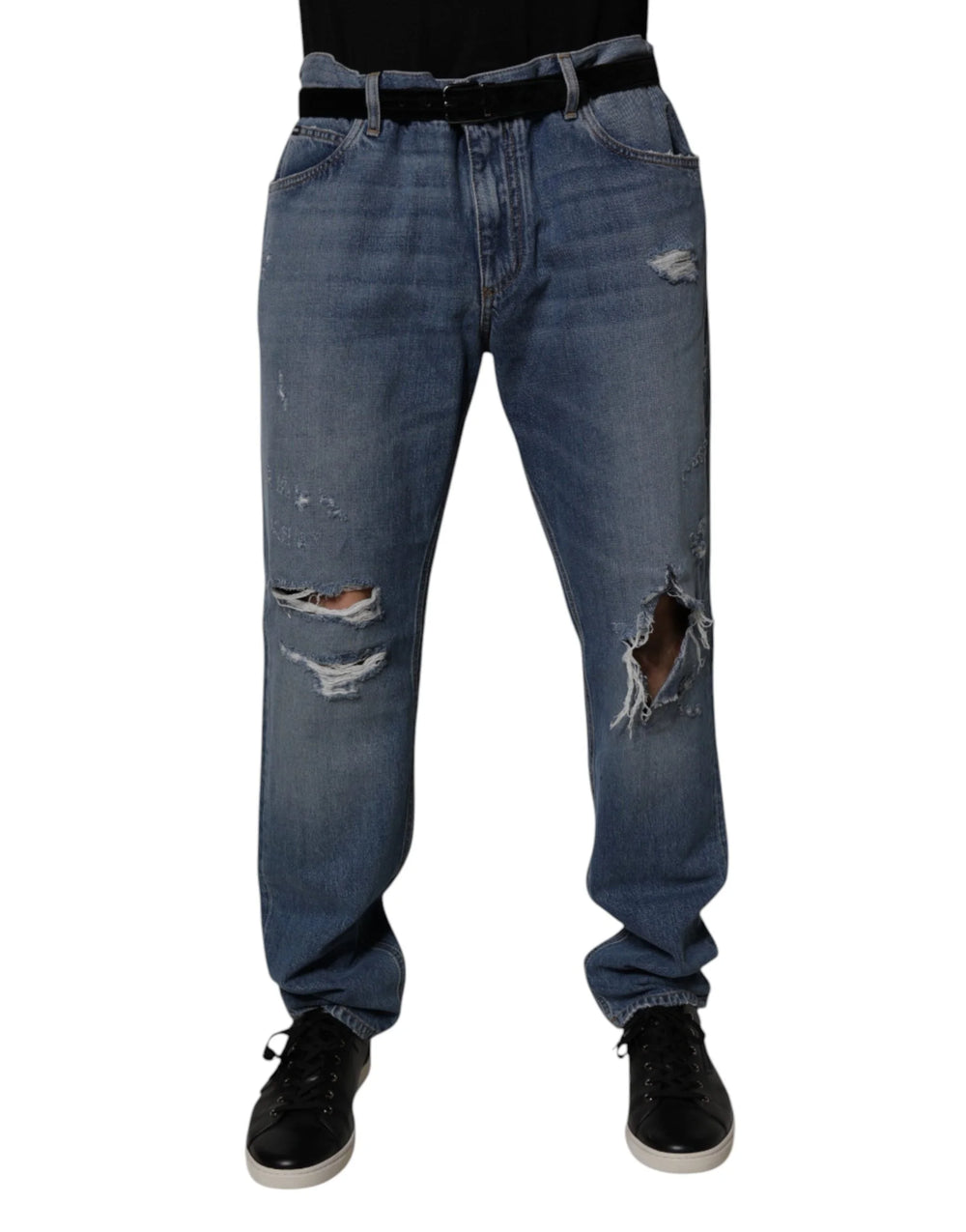 Dolce & Gabbana Blue Tattered Cotton Straight Denim Jeans - IT56 | XXL - Jeans