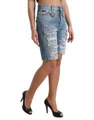 Dolce & Gabbana Blue Tattered Embellished Bermuda Shorts - IT40|S - Bermudas