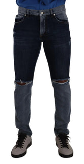 Dolce & Gabbana Blue Two Tone Tattered Cotton Slim Denim Jeans - IT48 | M - Jeans