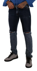 Dolce & Gabbana Blue Two Tone Tattered Cotton Slim Denim Jeans - IT48 | M - Jeans
