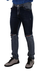 Dolce & Gabbana Blue Two Tone Tattered Cotton Slim Denim Jeans - IT48 | M - Jeans