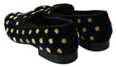 Pantoufles habillées pour hommes Dolce & Gabbana en velours de coton bleu foncé avec une broderie or d'un blason de couronne.