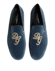 Dolce & Gabbana Blue Velvet DG Logo Loafers Formal Shoes - Flats