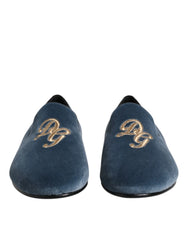 Dolce & Gabbana Blue Velvet DG Logo Loafers Formal Shoes - Flats