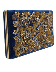 Dolce & Gabbana Blue Velvet Gold Frame Clutch Evening Party Purse Bag - Clutch Bags