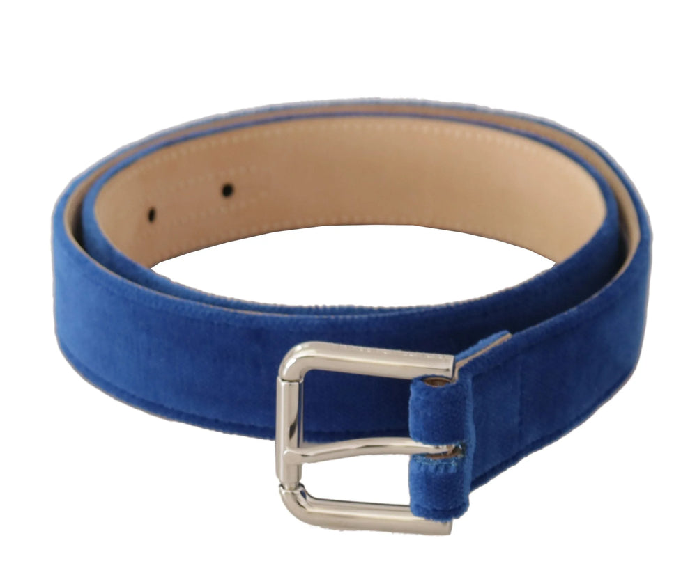 Dolce & Gabbana Blue Velvet Silver Logo Engraved Metal Buckle Belt - 75 cm / 29,5 Inches - Belts