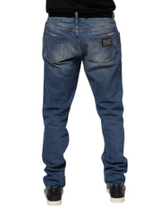 Dolce & Gabbana Blue Washed Cotton Logo Plaque Denim Jeans - IT54 | XL - Jeans