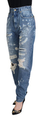 Dolce & Gabbana Blue Washed Cotton Tattered Denim Jeans - IT36|XXS - Jeans