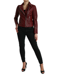 Dolce & Gabbana Bordeaux Leather Biker Coat Lambskin Jacket - IT40|S - Bomber Jackets