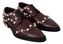 Dolce & Gabbana Bordeaux Leather Crystal Pearls Formal Shoes - EU39/US8.5