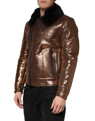 Dolce & Gabbana Bronze Leather Fur Full Zip Men Biker Jacket