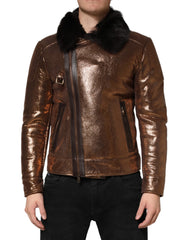 Dolce & Gabbana Bronze Leather Fur Full Zip Men Biker Jacket