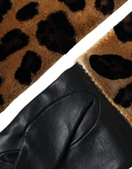 Dolce & Gabbana Brown Black Leopard Leather Elbow Length Gloves - 6.5|XS - Gloves & Mittens