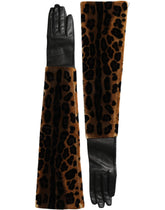 Dolce & Gabbana Brown Black Leopard Leather Elbow Length Gloves - 6.5|XS - Gloves & Mittens