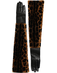 Dolce & Gabbana Brown Black Leopard Leather Elbow Length Gloves - 6.5|XS - Gloves & Mittens