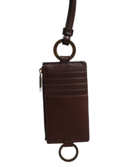 Dolce & Gabbana Brown Calf Leather Lanyard Logo Card Holder Wallet - Neck Pouches