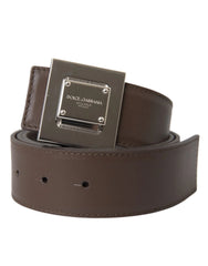Dolce & Gabbana Brown Calf Leather Square Metal Buckle Belt - 80 cm / 32 Inches - Belts