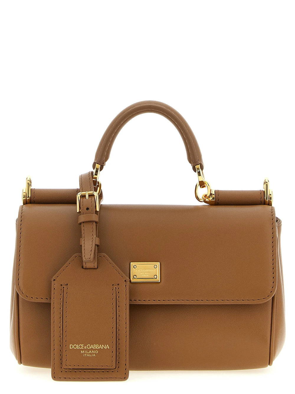 Dolce & Gabbana brun kalveskinn veske med strukturert topphåndtak og gullfarget hardware i en klassisk satchel silhuett.