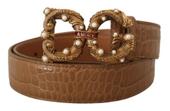 Dolce & Gabbana Brown Crocodile Pattern Leather Logo Amore Belt - 75 cm / 29,5 Inches - Belts