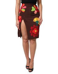 Dolce & Gabbana Brown Floral High Waist Side Slit Skirt - IT40|S - Skirts