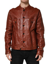 Dolce & Gabbana Brown Leather Button Down Men Biker Jacket - IT54 | XL