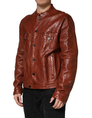 Dolce & Gabbana Brown Leather Button Down Men Biker Jacket - IT54 | XL