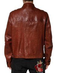 Dolce & Gabbana Brown Leather Button Down Men Biker Jacket - IT54 | XL
