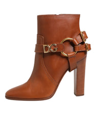 Dolce & Gabbana Brown Leather DG Logo Buckle Ankle Boots Shoes - Boots