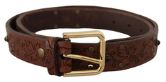 Dolce & Gabbana Brown Leather Floral Studded Metal Buckle Belt - 85 cm / 34 Inches - Belts