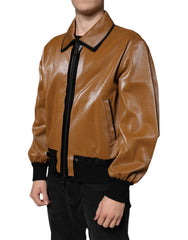 Dolce & Gabbana Brown Leather Full Zip Men Bomber Jacket - Bomber Jackets