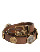 Curea din piele maro Dolce & Gabbana cu cataramă monedă aurie și argintie - 90 cm / 36 inci