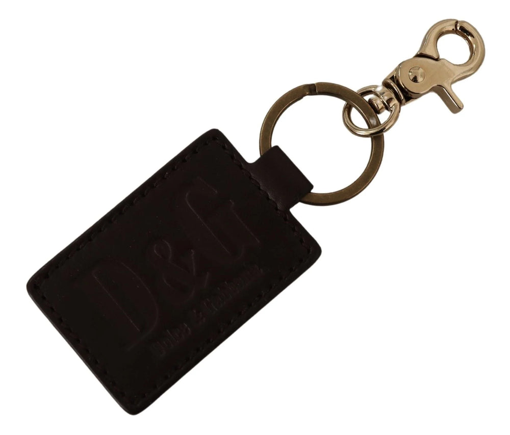 Dolce & Gabbana Brown Leather Logo Metal Ring Hook Keychain - Keychains