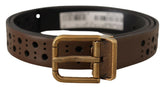 Dolce & Gabbana Brown Leather Perforated Crown Belt - 90 cm / 36 Inches - Belts
