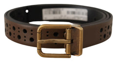 Dolce & Gabbana Brown Leather Perforated Crown Belt - 90 cm / 36 Inches - Belts
