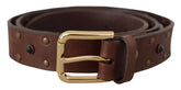 Dolce & Gabbana Brown Leather Studded Gold Tone Metal Buckle Belt - 90 cm / 36 Inches - Belts