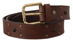 Dolce & Gabbana Brown Leather Studded Gold Tone Metal Buckle Belt - 90 cm / 36 Inches - Belts
