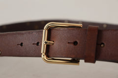 Dolce & Gabbana Brown Leather Studded Gold Tone Metal Buckle Belt - 90 cm / 36 Inches - Belts