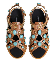 Dolce & Gabbana Brown Leather Studded Slides Sandals Shoes - Sandals