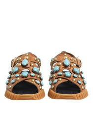 Dolce & Gabbana Brown Leather Studded Slides Sandals Shoes - Sandals