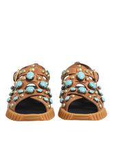 Dolce & Gabbana Sandálias Escorregadiças em Pele Castanha com Studs