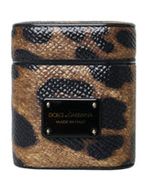 Dolce & Gabbana Brown Leopard Calf Leather Metal Logo Plaque Airpods Case - Headphone Carrying Cases