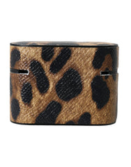 Dolce & Gabbana Brown Leopard Calf Leather Metal Logo Plaque Airpods Case - Headphone Carrying Cases