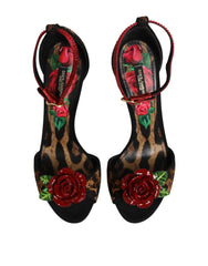 Dolce & Gabbana Brown Leopard Crystal Roses Sandals Shoes - Sandals