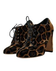 Dolce & Gabbana Brown Leopard Hair Lace Up Booties Shoes - Boots