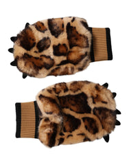 Dolce & Gabbana Brown Leopard Knitted Fur Wrist Mitten Gloves - One Size