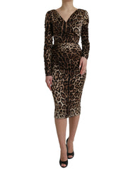 Dolce & Gabbana Brown Leopard Print Bodycon V-neck Midi Dress - IT38 | XS - Dresses